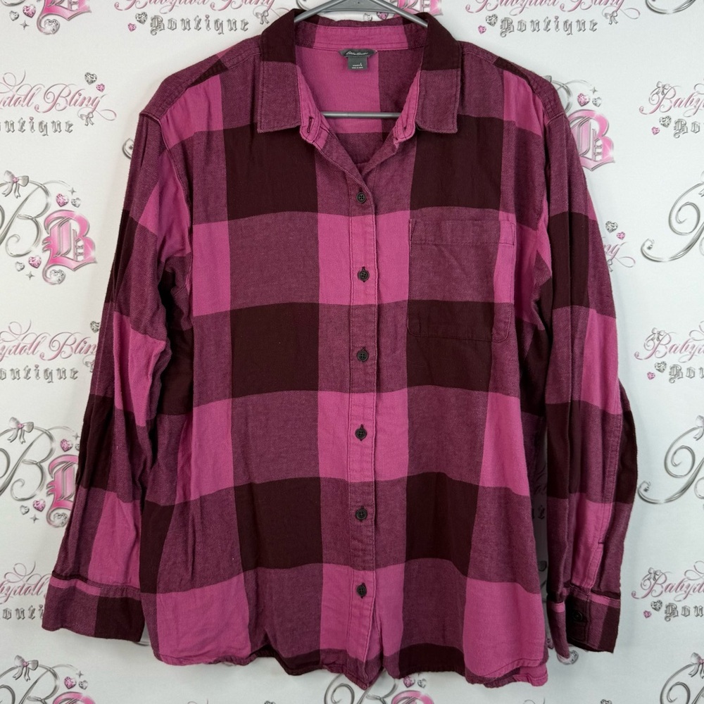 Eddie Bauer long sleeve button up plaid purple Pink Burgundy Shirt collared